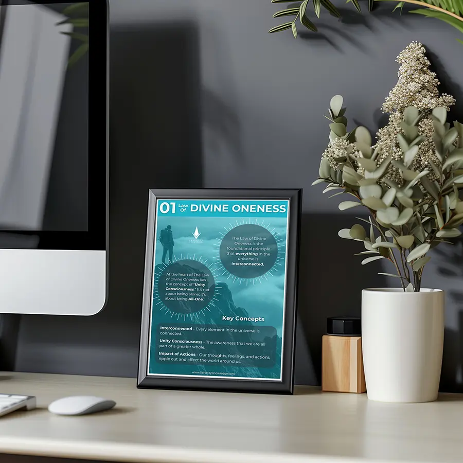 Law of Divine Oneness reminder framed on a desk